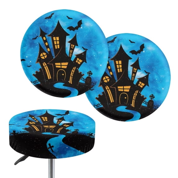 XYZCANDO Halloween Haunted Castle Pattern Stretch Round Bar Stool Covers 2 Pack, Washable Anti-Slip Circular Chair Seat Protectors for Home Kitchen Bar Party Holiday