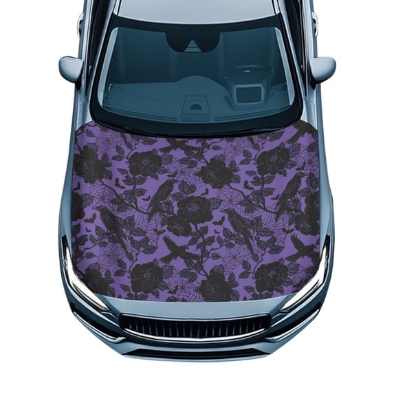 XYZCANDO Halloween Universal Car Hood Cover featuring Crows Roses Spiderwebs - Durable Weather Resistant Exterior Decoration for Auto Enthusiasts