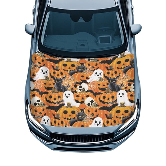 XYZCANDO Halloween Universal Car Hood Cover featuring Jack O Lantern Ghost - Ideal for Spooky Season Auto Decoration