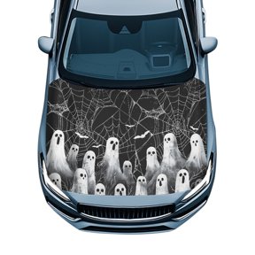 XYZCANDO Halloween Universal Car Hood Cover featuring Spooky Ghost Pattern - Ideal for Outdoor Holiday Auto Decoration