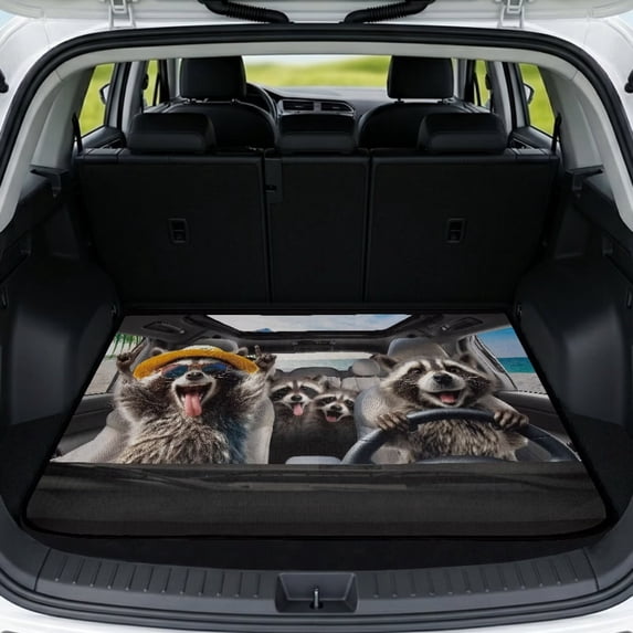 XYZCANDO Happy Raccoon Universal Trunk Mat 29" x 39", Washable Durable Trunk Carpet with Non-Slip Backing, Easy-Clean Stitched Edge Liner for SUVs, Sedans and Trucks