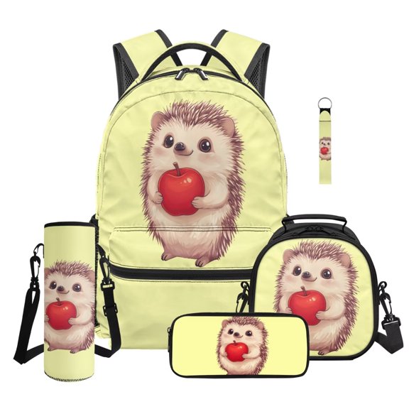XYZCANDO Hedgehog Kids Backpack Set 5Pcs with Apple Lunch Box Multifunctional Pencil Case Water Bottle Bag Lanyard Keychain Fashion Backpack for Kids Teens