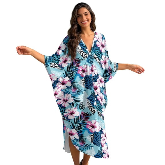 XYZCANDO Hibiscus Kaftan Dresses for Women V Neck Batwing Sleeves Swimsuit Coverup Oversized Beach Cover Ups Loungewear Maxi Dress Hawaiian Robe for Vacation & Outdoor