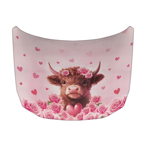 XYZCANDO Highland Calf Pink Roses Vehicle Accessories Hood Cover Stretch Fabric Car Hood Cover, Car Hood Bonnet Protector UV Resistant for SUV Van Trucks