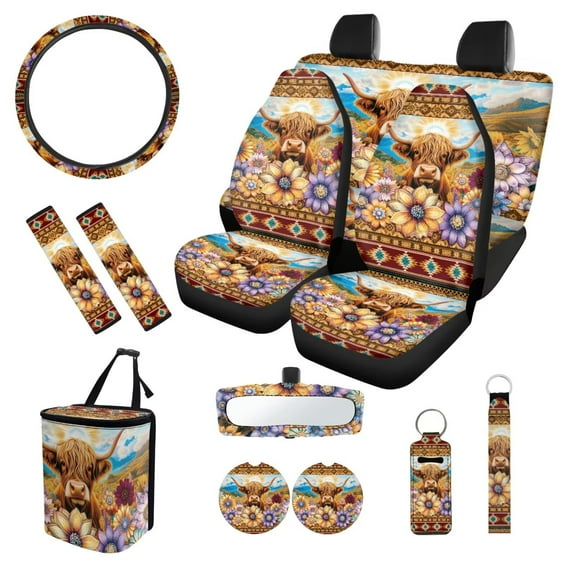 XYZCANDO Highland Cow Bohemian Floral Car Seat Cover Keychain Lipstick Cover Car Trash Can Steering Wheel Cover Center Mirror Cover Coasters Car Seat Cover Removable Automotive Accessories