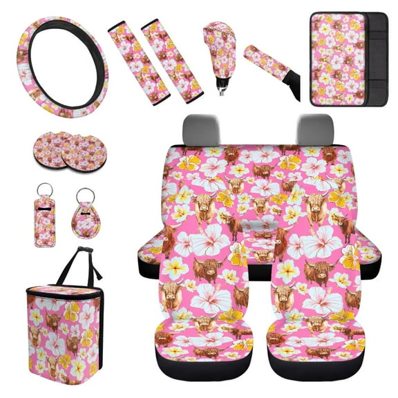 XYZCANDO Highland Cow Hibiscus Car Cushion Cover Steering Wheel Cover Armrest Cover Keychain Lipstick Cover Handbrake Cover Fender Cover Trash Can Seat Belt Cover More Comfortable