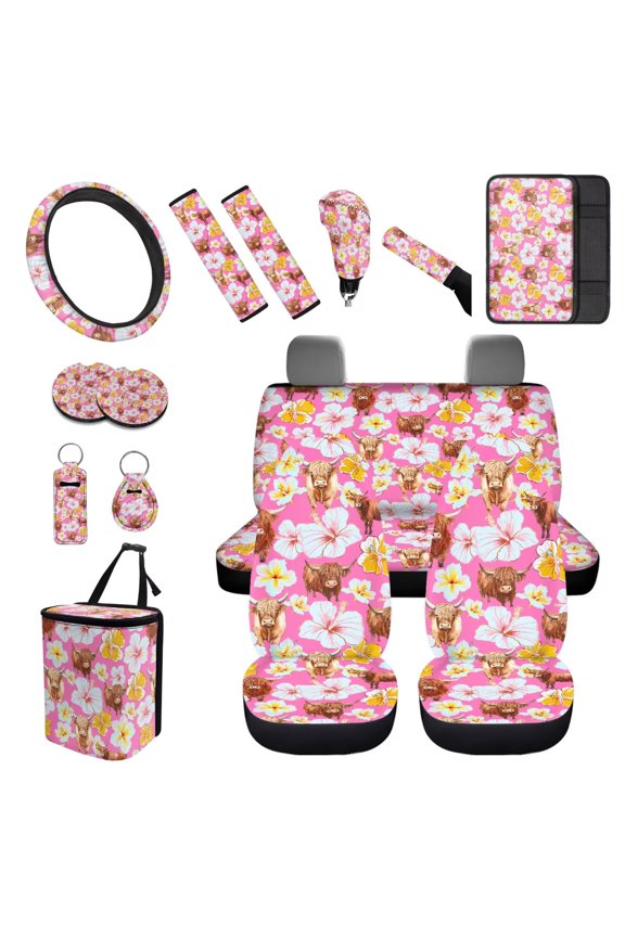 Highland Cow Hibiscus Car Cushion Cover Steering Wheel Cover Armrest Cover Keychain Lipstick Cover Handbrake Cover Fender Cover Trash Can Seat Belt Cover More Comfortable