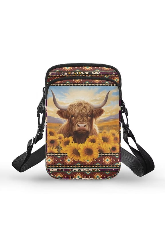 Highland Cow Sunflower Mini Cross Body Handbags for Women Over Shoulder Bag for Travel Yoga Work Western Aztec Small Crossbody Purse with Adjustable Strap Cell Phone Purse Wallet Brown