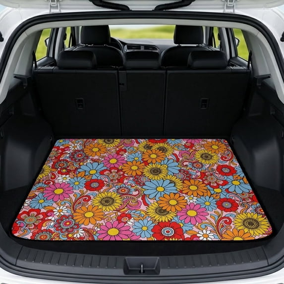XYZCANDO Hippie Floral Print Car Trunk Mat 29" x 39", Waterproof Cargo Liner with Non-Slip Backing, Easy-Clean Stitched Edge Trunk Carpet for SUVs, Sedans and Trucks