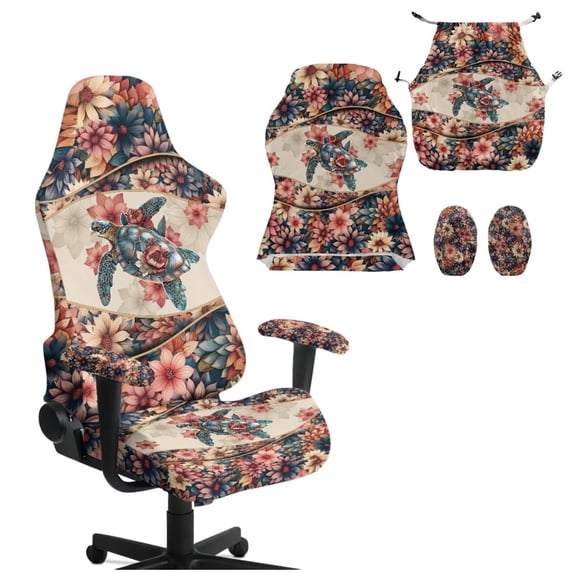 XYZCANDO Hippie Flower Gaming Chair Cover Gaming Chair Cover Set Dust-Proof Protector Machine Washable Turtle Non-Skid Stretch Fabric Keeps Your Chair Cool and Clean