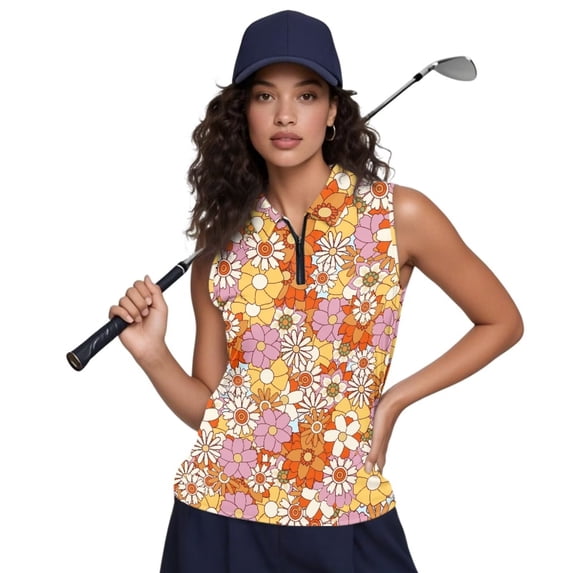 XYZCANDO Hippie Flower Womens Golf Sleeveless Shirt Lightweight 1/4 Zip Up Tennis Sport Tops Elastic Elegant V Neck Collared Shirts Athletic Tank Tops Size 2XL