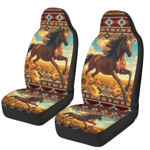 XYZCANDO Horse Front Car Seat Cover Nonslip Sunflowers Auto Interior Accessories 2 Pcs Set Stretch Polyester Fabric Cover All-Season Protection Suitable for Most Cars,SUV,Sedan