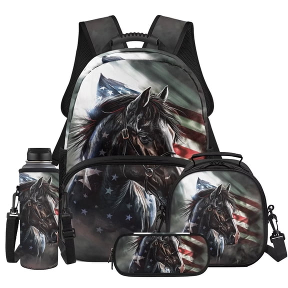 XYZCANDO Horse US Flag School Backpack Set 4Pcs with Portable Lunch Bag Multifunctional Pencil Case Water Bottle Bag Carrier Suitable for Elementary Middle School