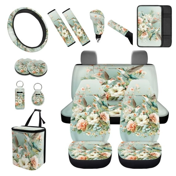 XYZCANDO Hummingbird Flower Trash Can Car Coasters Handbrake Cover Lipstick Cover Keychain Fender Cover Seat Belt Cover Armrest Cover Steering Wheel Cover Car Cushion Cover Colorful