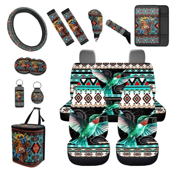 XYZCANDO Hummingbird Print Trash Can Lipstick Cover Handbrake Cover Fender Cover Keychain Seat Belt Cover Steering Wheel Cover Armrest Cover Car Cushion Cover Car Coasters Washable