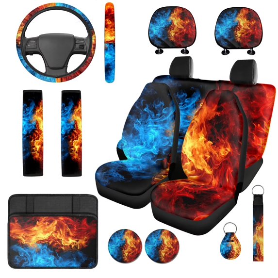 XYZCANDO Ice and Fire 14 Pieces Auto Seat Covers Full Set Steering Wheel Cover Center Console Pad Seat Belt Covers Headrest Covers Cup Coasters for Most Cars SUVs Sedans
