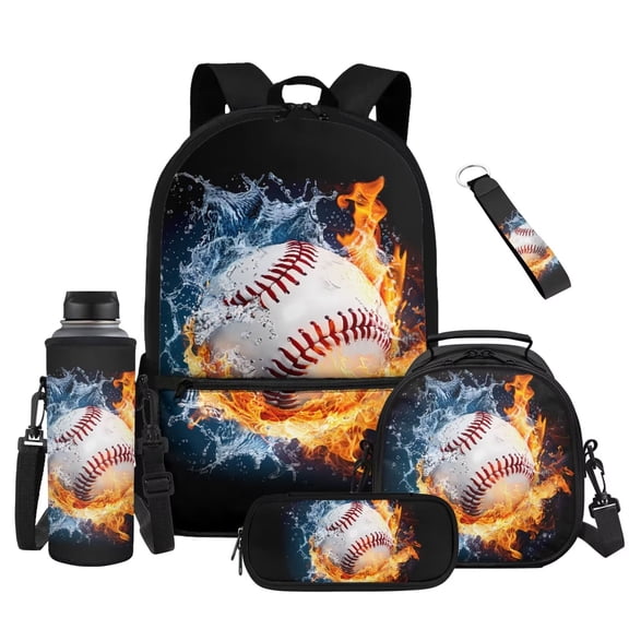 XYZCANDO Ice and Fire Baseball Set of 5 Backpack School Set with Portable Lunch Bag Multifunctional Pencil Case Water Bottle Bag Carrier Lanyard Keychain for Kids Teens Middle School