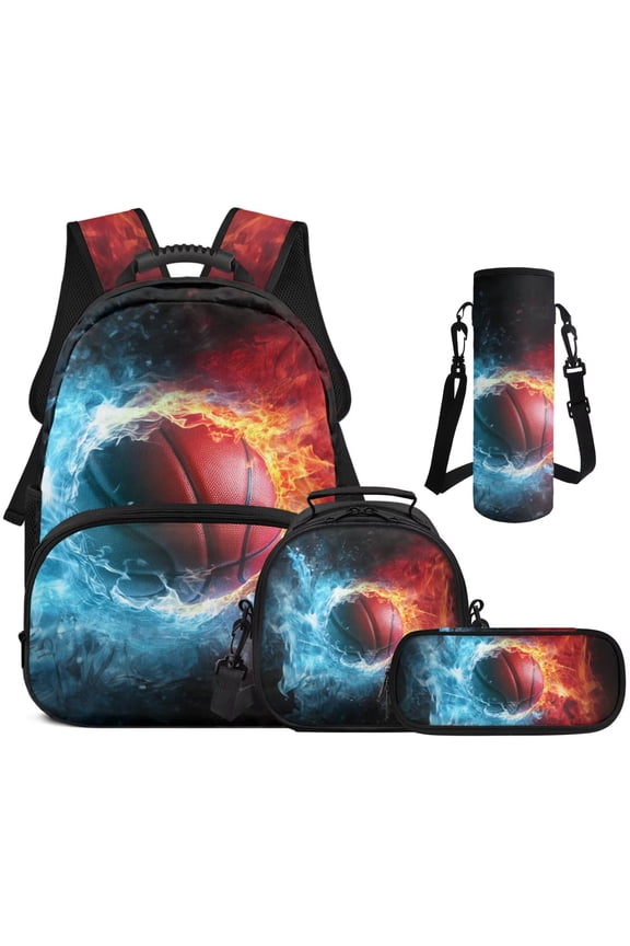 Ice and Fire Basketball School Backpack Set 4Pcs with Portable Lunch Bag Multifunctional Pencil Case Water Bottle Bag Carrier Suitable for Elementary Middle School