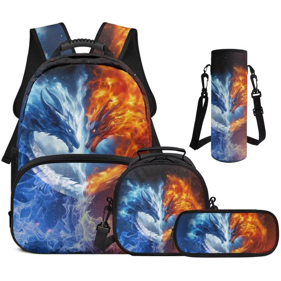 XYZCANDO Ice and Fire Dragon 4Pcs Kids Backpack Set with Portable Lunch Bag Multifunctional Pencil Case Water Bottle Bag Carrier Cool Fashion Daypack