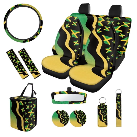 XYZCANDO Jamaican Flag Seat Belt Cover Car Seat Cover Keychain Lipstick Cover Car Trash Can Steering Wheel Cover Center Mirror Cover Coasters Personalized for Most Cars SUV Truck Heat
