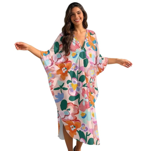 XYZCANDO Kaftan Dresses for Women Plus Size Bathing Suit Cover Up Caftan Maxi Beach Dresses V-neck Swimsuit Coverup Colorful Flowers Bikini Bathing Suit Cover Ups Beach Outfits