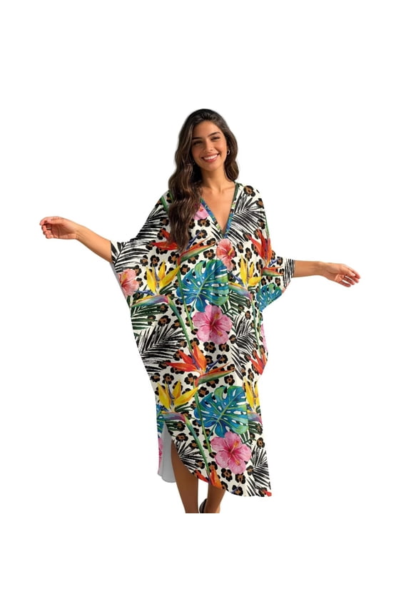 Kaftan Dresses for Women Plus Size Batwing Sleeve Caftans Long Bathing Suit Cover Up Maxi Beach Dress Plus Size Swimsuit Coverup Hawaii Flowers Leopard Loungewear Resort Wear