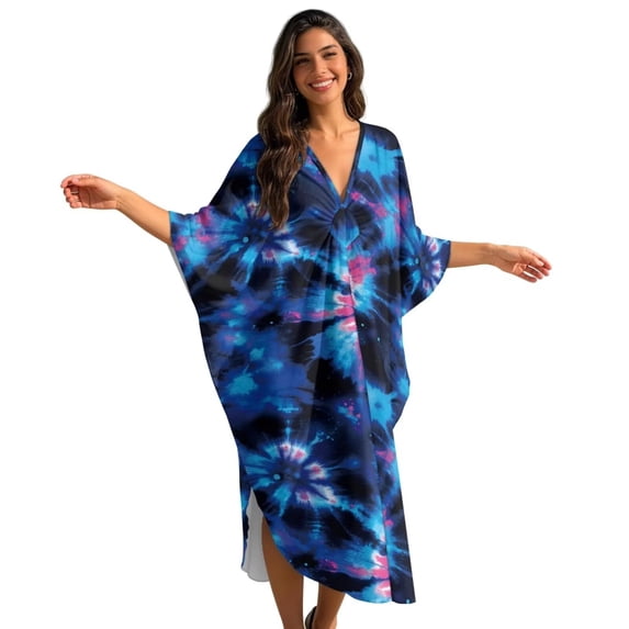XYZCANDO Kaftan Dresses for Women Plus Size Batwing Sleeve Caftans Long Bathing Suit Cover Up Maxi Beach Dress Plus Size Swimsuit Coverup Loungewear Blue Tie Dye Resort Wear