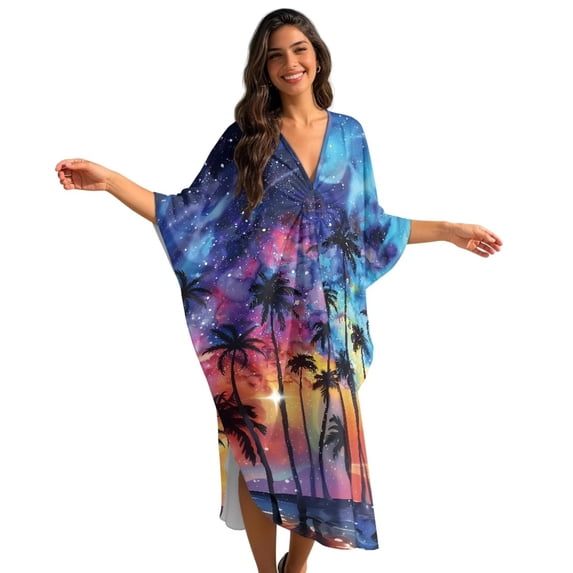 XYZCANDO Kaftan Dresses for Women V Neck Batwing Sleeves Swimsuit Coverup Oversized Beach Cover Ups Loungewear Maxi Dress Coconut Tree Galaxy Hawaiian Robe for Vacation & Outdoor