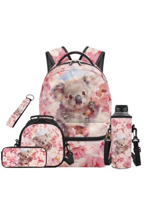 Koala Backpack School Set 5Pcs with Cherry Blossom Lunch Bag Multifunctional Pencil Case Water Bottle Bag Carrier Lanyard Keychain Cute Toddler Bookbag
