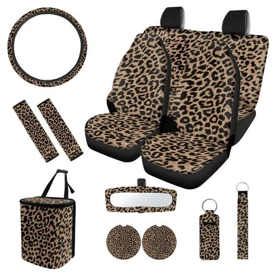 XYZCANDO Leopard Print Car Seat Cover Keychain Lipstick Cover Center Mirror Cover Car Trash Can Coasters Steering Wheel Cover Seat Belt Cover Universal Car Accessories Decoration Suitable for Men