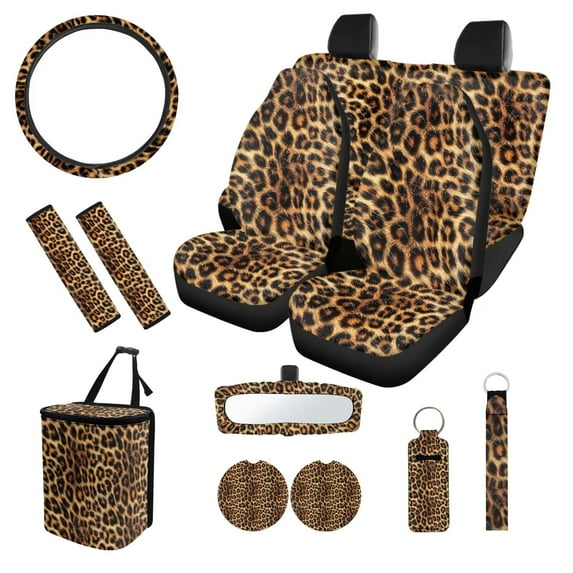 XYZCANDO Leopard Print Coasters Steering Wheel Cover Center Mirror Cover Car Seat Cover Seat Belt Cover Keychain Lipstick Cover Car Trash Can Personalized Soft Fits Small Sedans, Mini SUVs