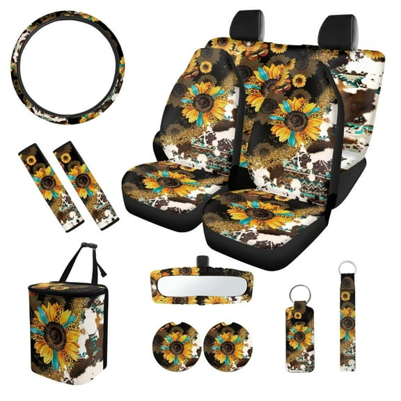 XYZCANDO Leopard Sunflower Print Car Seat Cover Keychain Lipstick Cover Center Mirror Cover Car Trash Can Coasters Steering Wheel Cover Seat Belt Cover Universal Car Accessories Decoration