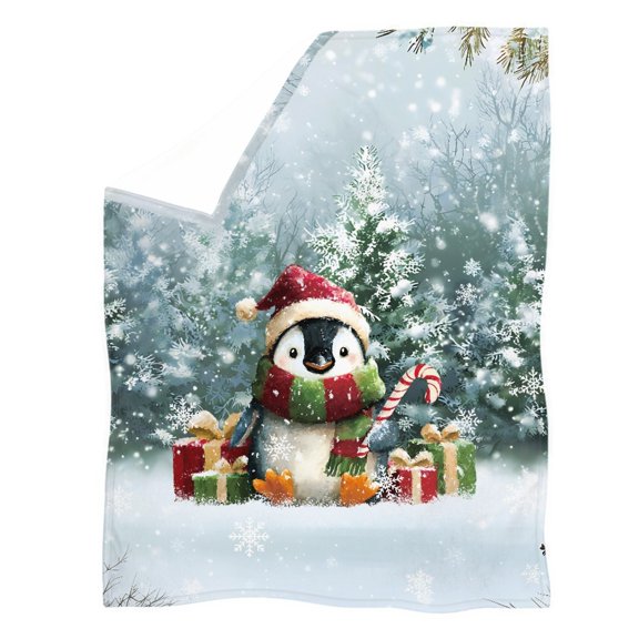 XYZCANDO Long Service Life Coral Fleece Throw Blanket for Travel Napping Living Room, Polyester Fluffy Soft Touch Plush Blanket, Penguin Christmas Scene