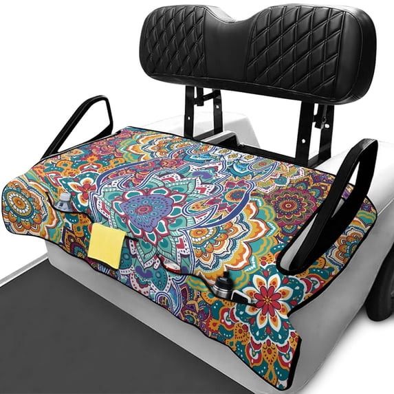 XYZCANDO Mandala Golf Cart Seat Cover | 4 Storage Pockets, Non-Slip Washable Terry Cloth | Universal 2-Seat Golf Cart Accessory