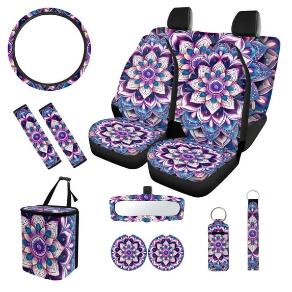 XYZCANDO Mandala Print Car Seat Cover Steering Wheel Cover Seat Belt Cover Keychain Lipstick Cover Car Trash Can Center Mirror Cover Coasters Easy Installation Personalized Suitable for Cars