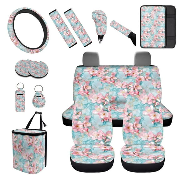 XYZCANDO Marble Cherry Blossom Fender Cover Keychain Seat Belt Cover Armrest Cover Steering Wheel Cover Car Cushion Cover Car Coasters Trash Can Lipstick Cover Handbrake Cover Fashion