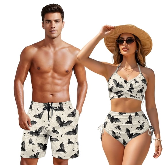 XYZCANDO His and Hers Matching Swimwear Set Beach Trunks for Men & Crisscross Back Bikini for Women Gothic Bat Couple Beachwear for Vacation Honeymoon Pool Summer Beach Outfit
