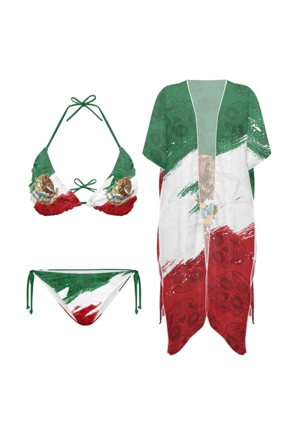 Mexican Flag Womens Bikini V Neck Swimsuit Sexy Bathing Suits Halter Triangle Tops String 3 Piece Bikini Sets with Beach Cover Ups Plus Size Open Front Kimono for Swimwear