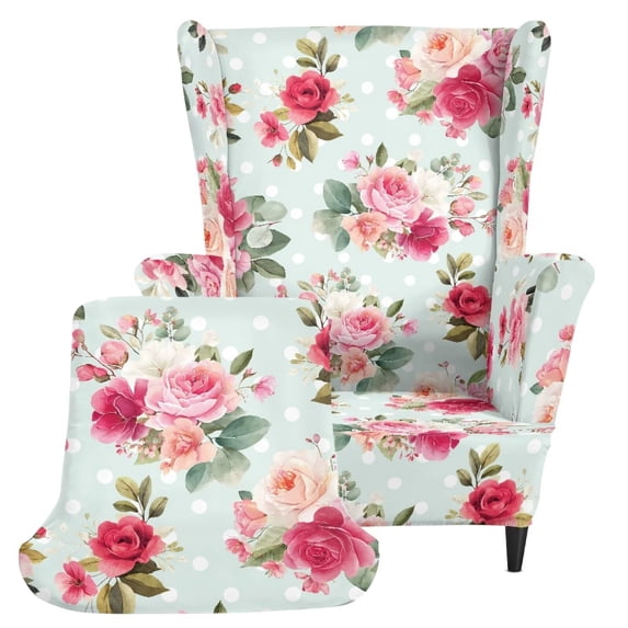 XYZCANDO Mint Green Floral Polka Dot Wingback Chair Cover, Stretch Washable Wing Chair Slipcover for Living Room, Soft Spandex Armchair Protector for Home Decor