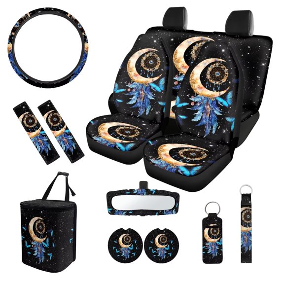 XYZCANDO Moon Dreamcatcher Keychain Lipstick Cover Center Mirror Cover Coasters Car Seat Cover Seat Belt Cover Steering Wheel Cover Car Trash Can Removable Automotive Accessories
