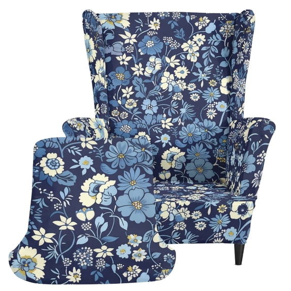 XYZCANDO Navy Blue Floral Print Wingback Chair Cover 2-Piece Set, Stretch Washable Furniture Protector for Living Room, Anti-Slip Durable Slipcover for Wing Chair
