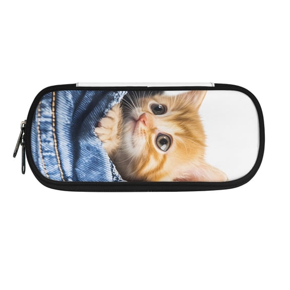 XYZCANDO Orange Kitten Print Polyester Pen Pouch, Large Capacity Stationery Bag for Girls Boys, Half Round Zipper Closure Spacious Pencil Case for Office School