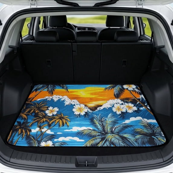 XYZCANDO Palm Trees Hibiscus Rear Cargo Mat 29" x 39", Polyester Durable Trunk Liner with Non-Slip Backing, Easy-Clean Stitched Edge Trunk Carpet for Daily Driving Use