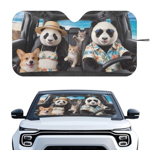 XYZCANDO Panda Car Windshield Sunshades Foldable Windshields Sun Visor Blocks UV Rays Polyester Fully Covered Foldable Front Sunshade Universal Fit for Most Cars SUV and Sedan