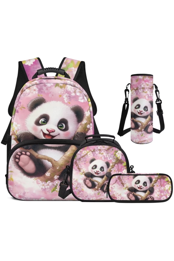 Panda Cherry Blossom School Backpack Set 4Pcs with Portable Lunch Bag Multifunctional Pencil Case Water Bottle Bag Carrier Suitable for Elementary Middle School