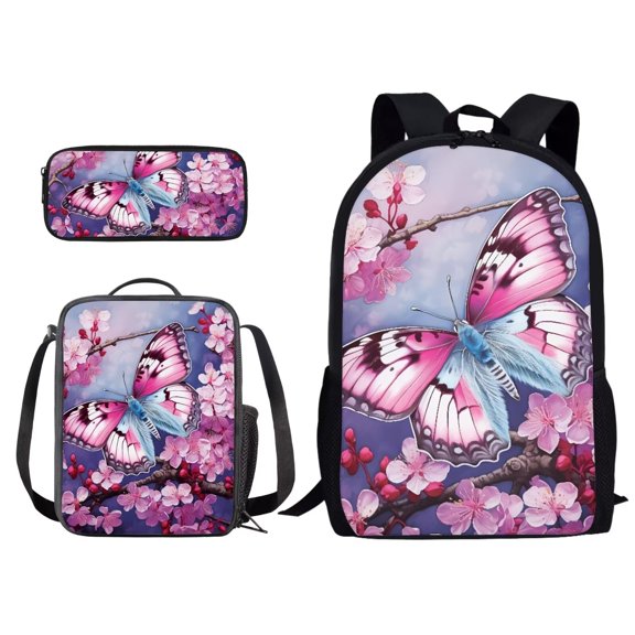 XYZCANDO Peach Floral Butterfly Print Backpack Set for Student School Book Bag with Lunch Bag and Pencil Case Dirt-Resistant Daypack Rucksack with Adjustable Straps for Outdoor