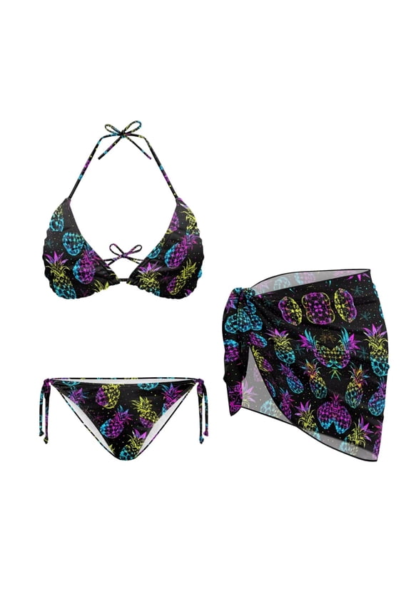 Pineapple Womens Bikini V Neck Swimsuit Sexy Bathing Suits Halter Triangle Tops String Three Piece Bikini Sets with Beach Sarong Plus Size Sheer Coverups for Swimwear
