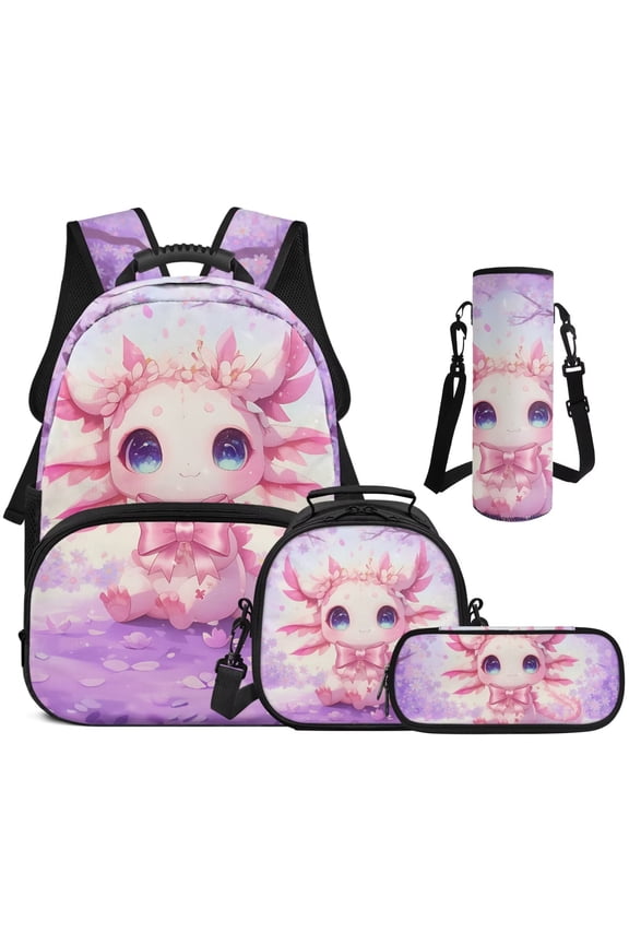 Pink Axolotl Kids Backpack Set 4Pcs with Portable Lunch Bag Multifunctional Pencil Case Water Bottle Bag Carrier Lightweight Bookbag for Elementary Middle School