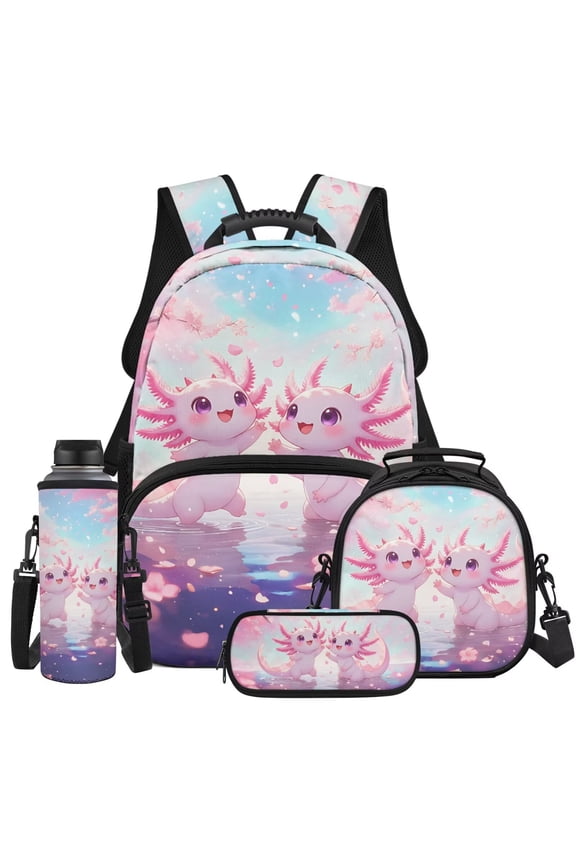 Pink Axolotls Kids Backpack Set 4Pcs with Portable Lunch Bag Multifunctional Pencil Case Water Bottle Bag Carrier Lightweight Bookbag for Elementary Middle School