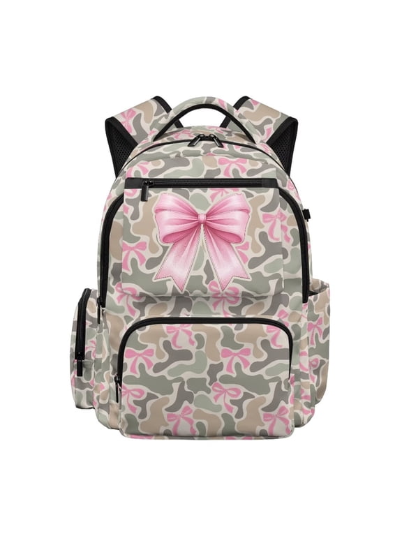 Pink Bow Camo 17 Inch Toddler Bookbag for Girls, Large Capacity Lightweight School Backpack Casual Daypack for Elementary Girl Kid Students